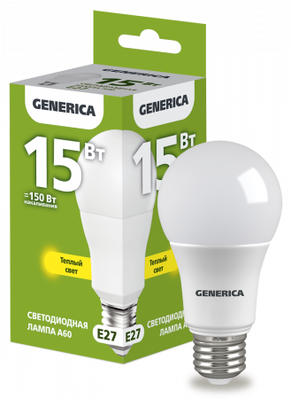 Лампа светодиодная A60 груша 15Вт 230В 3000К E27 GENERICA – №1