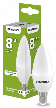 Лампа светодиодная C35 свеча 8Вт 230В 4000К E14 GENERICA – №1