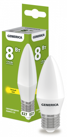 Лампа светодиодная C35 свеча 8Вт 230В 3000К E27 GENERICA – №1
